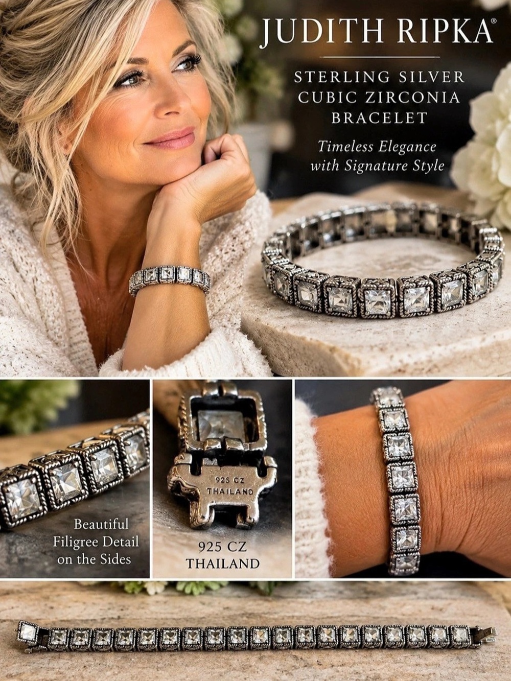Judith Ripka Sterling Silver Cubic Zirconia Square Station Link Bracelet